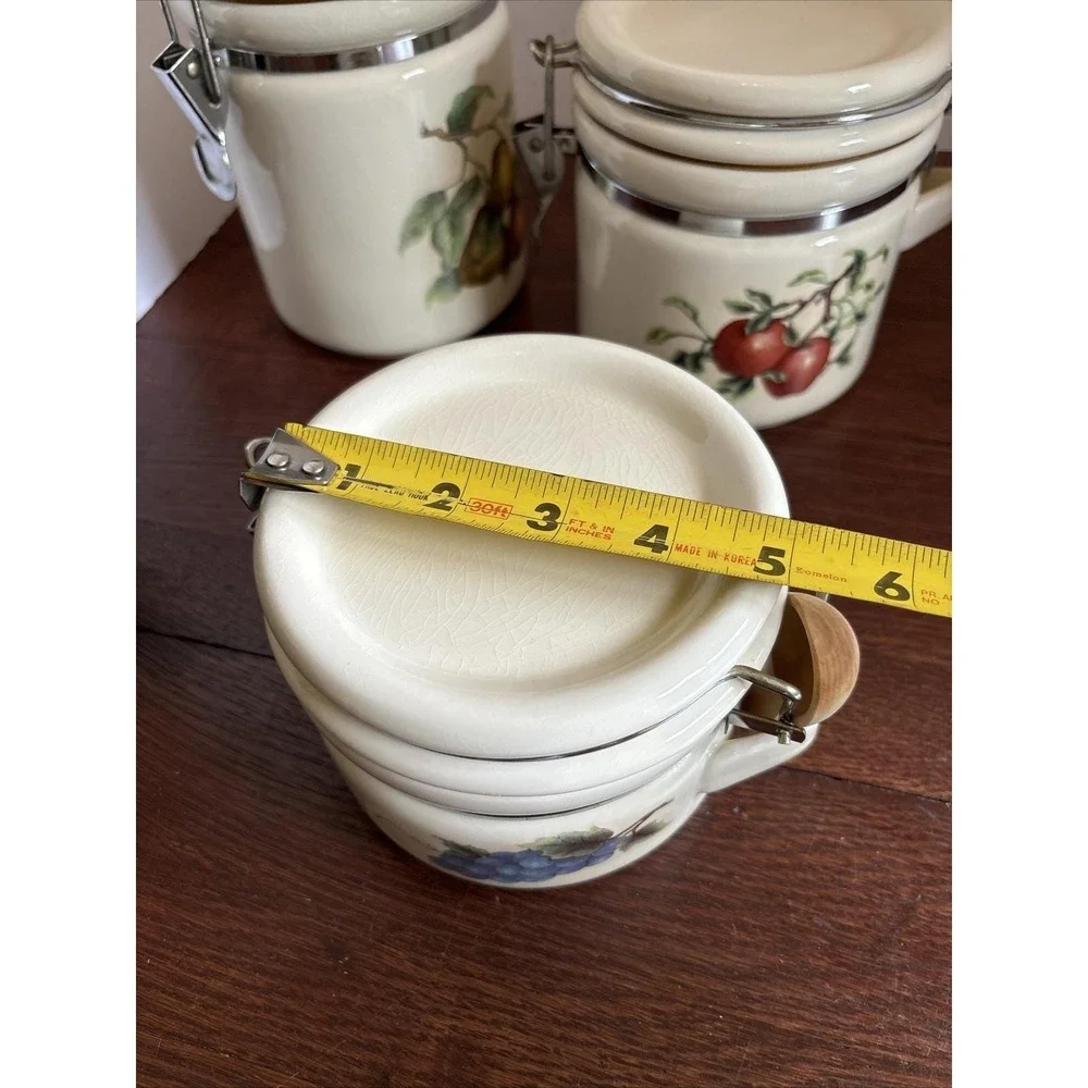 Vintage Ceramic Food Canister Set Pears Apples Grapes‎ With Wooden Spoons